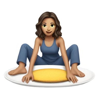 Brunette girl in sweatsuit on top of platter sticker