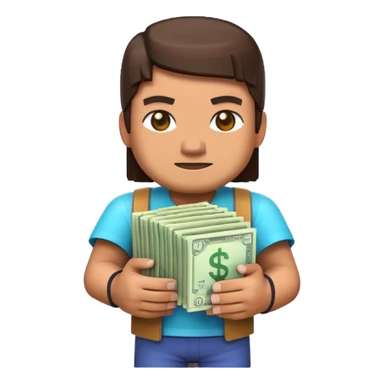 emoji style icon, minecraft blocky character holding a stack of money, pixel art style, bright colors, simple background, 3D glossy emoji, centered composition, soft shadow, high detail, clean outline, white background sticker