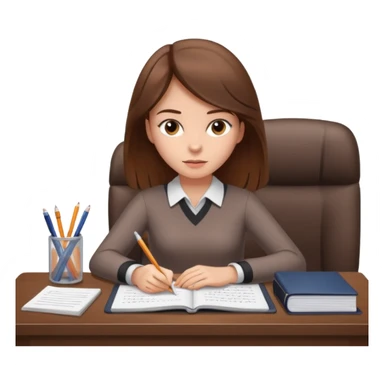 a girl with brown hair on a desk writing on a note book with a lot of papers around and on the papers is writing business strategy  sticker