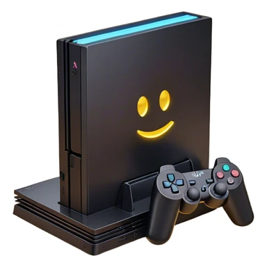 Clash of Clans aesthetic: Cinematic Playful PlayStation 2 Slim Portrait Emoji, rendered in a 3D vector-style similar to standard emojis with minimal shading and bold, simplified shapes. A compact, distinct form with signature details, softly glowing with a cutting-edge console technology charm. Simplified yet unmistakably iconic, highly detailed and consistent, glowing with a soft radiance and high shine. Stylized with a touch of technological advancement and a soft glowing outline, capturing the essence of a beloved gaming relic with a friendly, playful manner! sticker