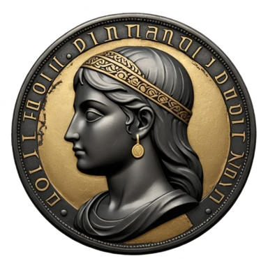 Emoji style, ancient coin made of blackened metal, “FORTUNA” engraved in refined fashion typography, heavy form, subtle worn metal texture, avant-garde editorial aesthetic, no glow, no neon, flat emoji design, centered, transparent background sticker