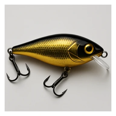 Edit the image of a Rapala fishing lure in side view to have a gold and black colorway, with shiny gold and deep black tones. sticker