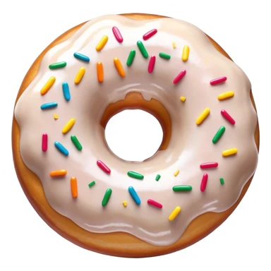 Cinematic Realistic Donut Dessert Emoji, depicted as a fluffy glazed donut with colorful sprinkles rendered with detailed textures and playful, warm lighting. sticker