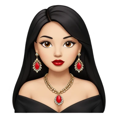 Light skin brown eyes glamorous full figured women black long straight hair red lips necklace and earrings long lashes sticker