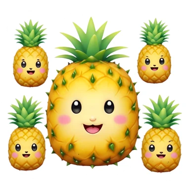 Cute Kawaii Pineapple, tiny and round, bright golden yellow with a spiky green top, chubby cheeks, playful winking expression, soft pastel textures, sweet and tropical vibes! sticker
