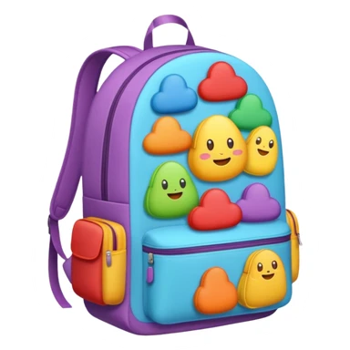 Emoji-style backpack overflowing with clothes, rounded cute shapes, soft shadows, colorful sticker