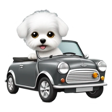little white fluffy dog ​​driving a gray retro mini cooper 1600 cs sticker