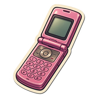 vintage pink razor flip phone, angled view, metallic pink, 2000s aesthetic, reflective highlights sticker