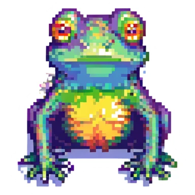 a sad frog in pixel art style, rainbow-colored skin, glitch effects sticker