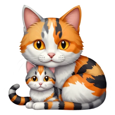 large grey and white cat cuddling a colourful light patched calico + white tabby cat sticker