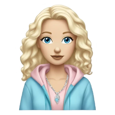 body White girl with platinum wavy blond hair, long lashes and stunning blue eyes wearing jewelry and a light pink oversize hoodie zip up sticker