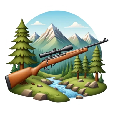 Icon for Hunting Tourism: hunting rifle, surrounded by nature elements like trees, mountains, and wildlife tracks. The icon should represent the adventure and exploration of hunting tourism. Transparent background. sticker