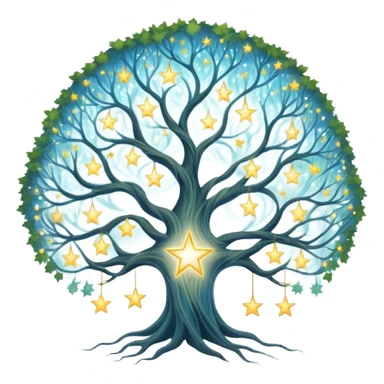 Celestial family tree with star-like portraits connected by flowing gossamer branches, ethereal ancestral connections sticker