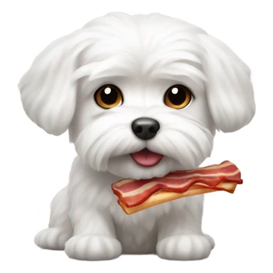 small white maltese holding a piece of bacon sticker