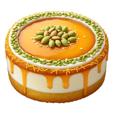 A small round emoji of traditional kanafeh with golden-orange crispy threads, a gooey white cheese center, and a light sprinkle of green pistachios. Warm and delicious-looking. sticker