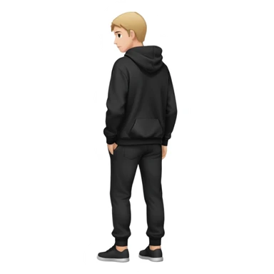 fullbody Mysterious shy caucasian man in black hoodie, hands in pockets and black pants rear backview sticker