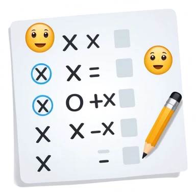 paper with multiple choice answers, a quiz sheet with checkmarks and X marks sticker