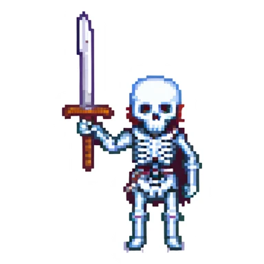 skeleton holding a sword, pixel art style sticker