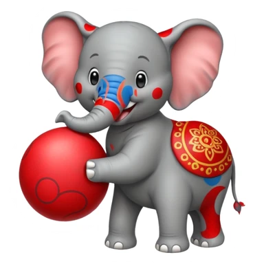 Create a cute emoji of a smiling cartoon elephant balancing a red patterned ball on its trunk sticker