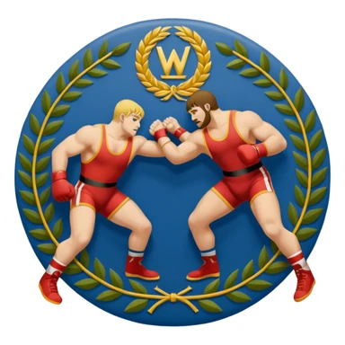 An icon symbolizing wrestling combat sports in the style of an emblem. The design features two wrestlers locked in a powerful grapple, one attempting to take the other down. Surrounding the scene are stylized elements like a championship belt, wrestling mat, and a laurel wreath. sticker