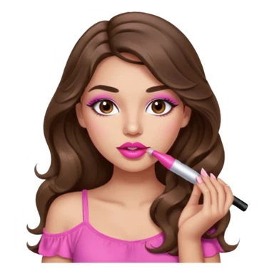 girl with long wavy brown hair, brown eyes, light to medium complexion, in a pink sexy top, pink lips, long lashes, puckered lips, putting on lipstick sticker