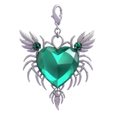 3D emoji gothic heart, dark emerald crystal, silver spider charm, feather accents, lush and gothic sticker