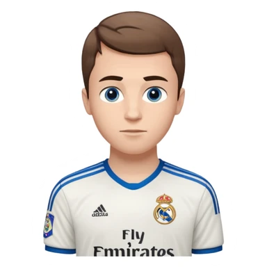 White male wearing Adidas Real Madrid jersey with Champions logo on sleeve and Fly Emirates on chest sticker