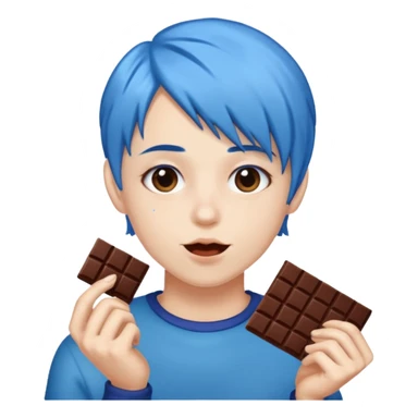 Blue haired person eating chocolate sticker