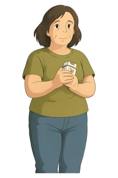 A full body of a middle aged woman wearing jeans and a t.shirt holding a packet of cigarettes close to his body sticker