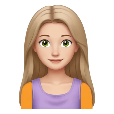 emoji of a confident woman named Freya McOmish, smiling, hazel green eyes, straight long hair with a middle part, subtle freckles, modern casual style, broad shoulders, wearing a pale lavender sleeveless deep square neck top sticker