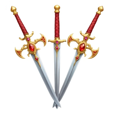 Two crossed swords that are golden in blade and handle and have fiery and royal appearence to them as well as red gem stones sticker
