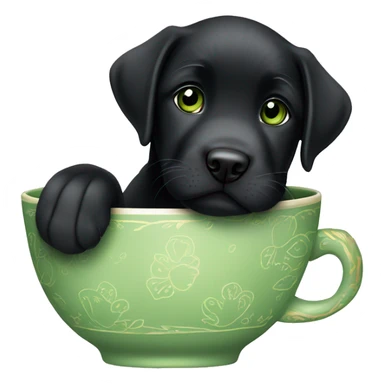 a black labrador puppy with green eyes sitting in a tea cup sticker