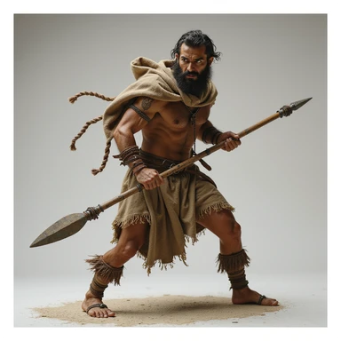 caveperson with a stone-tipped spear, dynamic pose, photorealistic style sticker