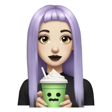 goth white girl with eyeliner, mid length hair, purple hair, bangs holding iced matcha   sticker