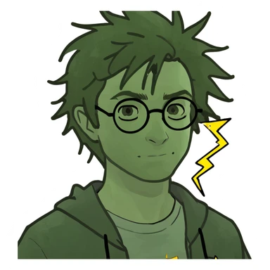 Harry Potter character memoji, round face, glasses, lightning scar, messy hair, friendly expression, digital cartoon style sticker