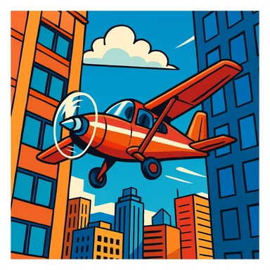 A small plane flying through a gap between two skyscrapers, city view, action-packed, vivid illustration, no text sticker