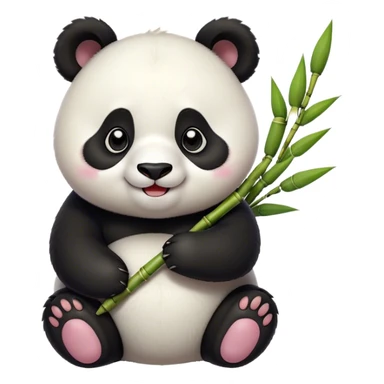 Cinematic smiling chubby panda, fluffy black and white fur, round rosy cheeks, tiny paws holding a bamboo shoot, sparkling eyes full of joy, soft glowing background, irresistibly huggable. sticker