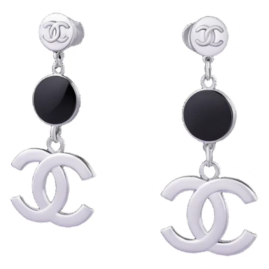 3D emoji-style minimalist Chanel logo earrings, silver and black, modern sticker
