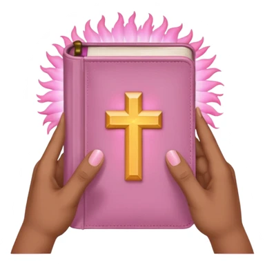 emoji hands holding a monochromatic pastel pink glowing bible sticker