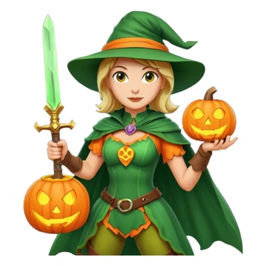 Woman Hunter With Jack o Lantern, wearing green costume, with sword sticker
