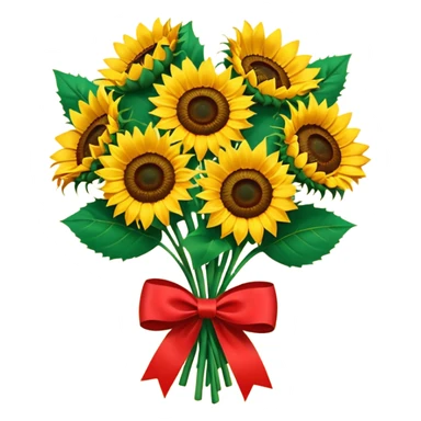 bouquet of sunflower with red bow and red wrapping paper sticker