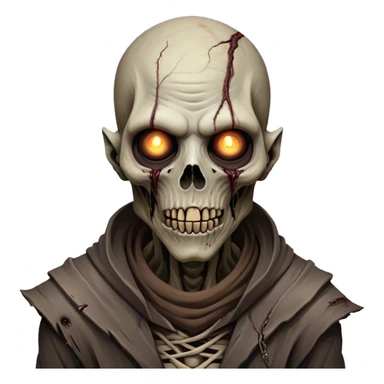 Cinematic Realistic WoW undead civilian Portrait, head tilted epicly and inquisitively, showcasing grim resilience and defiant strength. His withered, pallid skin and intense, glowing eyes contrast starkly with his worn, earth-toned clothes, rendered in meticulous detail. With dynamic, high-contrast lighting and high shine, this portrait exudes an epic aura, capturing the relentless will of a battle-hardened undead civilian. sticker