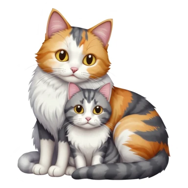 full body colourful light patched calico + white tabby cat cuddling a large grey and white cat  sticker