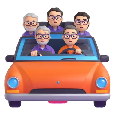 orange car front view with three people inside: driver man with purple shirt, stubble, round face; front seat man with gray hair, glasses, checkered shirt, round face; back seat man with black hair, glasses, black t-shirt, sharp face sticker