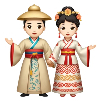 Cinematic Realistic scene of two performers engaging in Ganggangsullae, dressed in traditional Korean costumes with intricate patterns and graceful movements, illuminated by soft, festive lighting that accentuates the cultural ambiance sticker