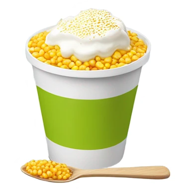 A white plastic cup filled whit yellow corn kernels, topped with grated cheese, white cream, chili powder, and a plastic spoon, with a hint of lime sticker