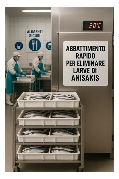 a fish processing facility where freshly caught fish are placed on trays and moved into a large industrial freezer. A temperature gauge shows -20°C, and an educational label explains that rapid freezing (abbattimento) is used to kill Anisakis larvae. The background includes workers in protective clothing and clear signage about food safety. in italiano sticker