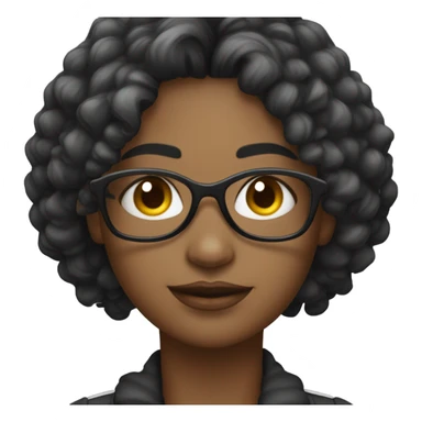 Uma mulher com cabelo escuro ,usando óculos de grau com armação preta com um colar de contas com uma pena  sticker