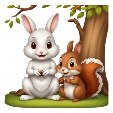 "The white rabbit and brown squirrel are sitting under a tree. The rabbit is smiling and suggesting a race to the squirrel. sticker