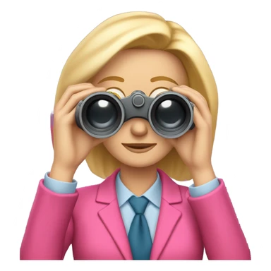 white female employee with loose blonde hair wearing intensive color pink suit looking in binoculars sticker